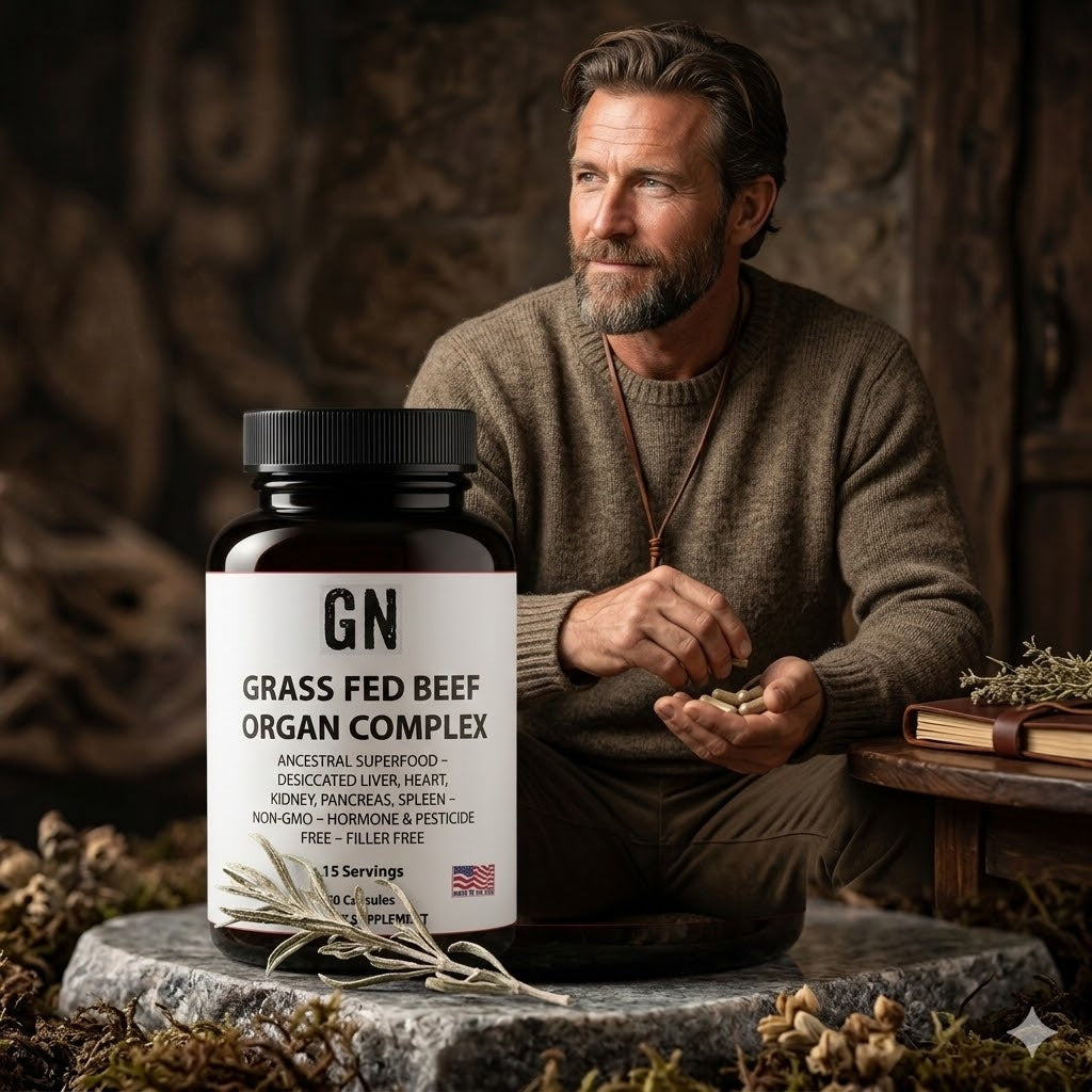 Man holding a bottle of 'GN Grass Fed Beef Organ Complex' in a rustic setting.