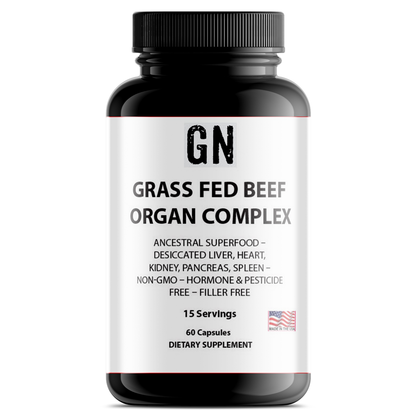 Bottle of Grass Fed Beef Organ Complex dietary supplement with label on a white background
