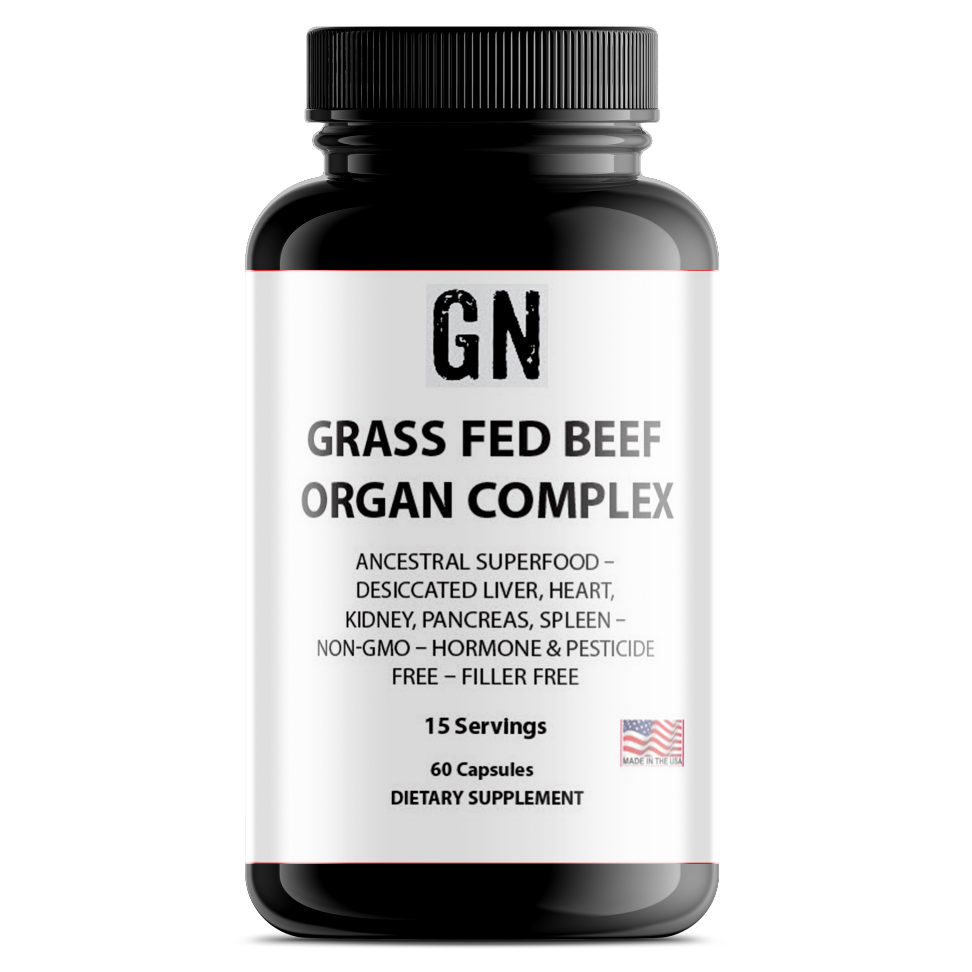 Bottle of Grass Fed Beef Organ Complex dietary supplement with label on a white background