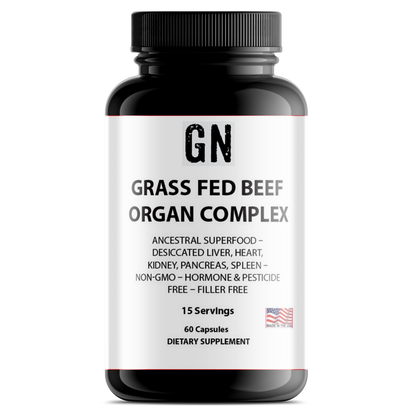 Bottle of Grass Fed Beef Organ Complex dietary supplement with label on a white background