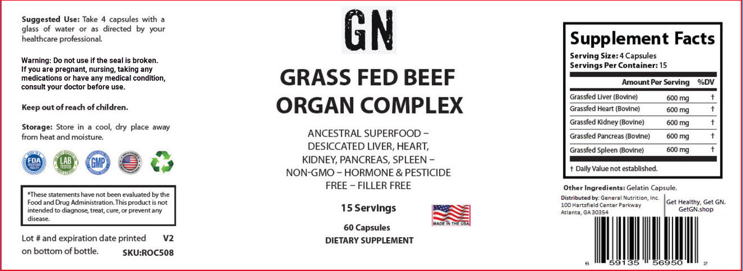 Supplement label for Grass Fed Beef Organ Complex with supplement facts and certification logos.