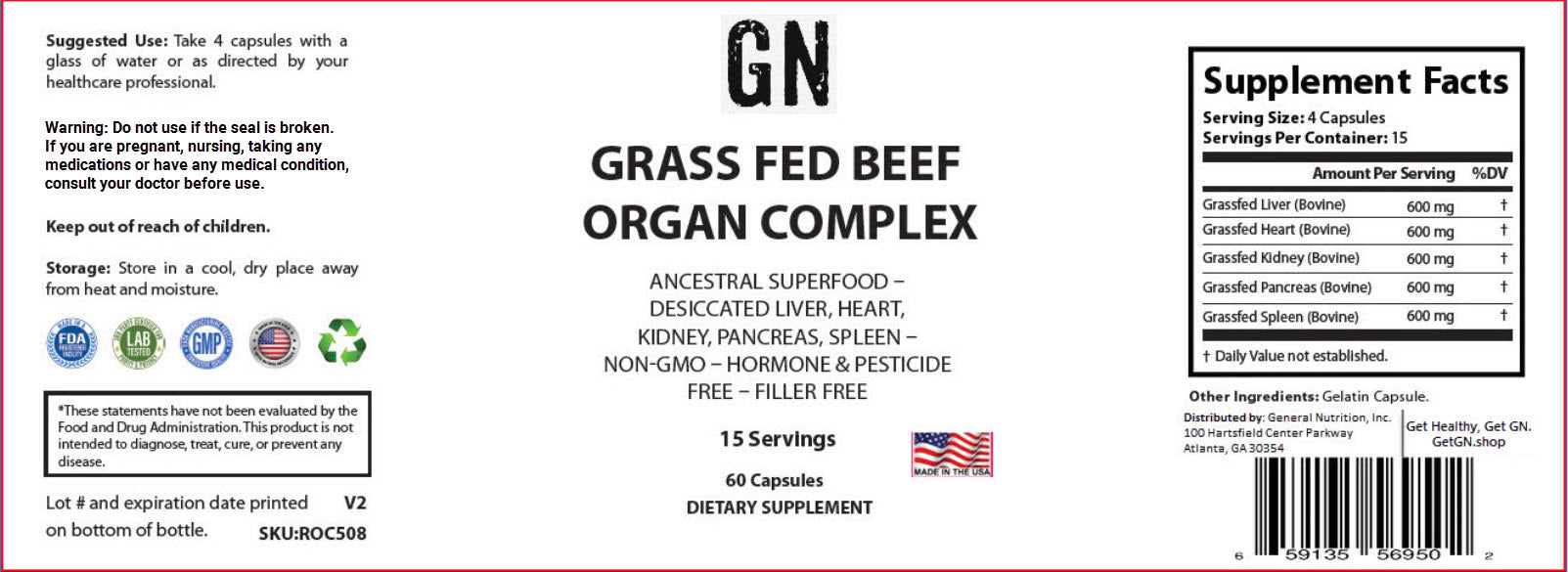 Supplement label for Grass Fed Beef Organ Complex with supplement facts and certification logos.