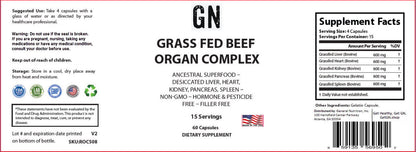 Supplement label for Grass Fed Beef Organ Complex with supplement facts and certification logos.