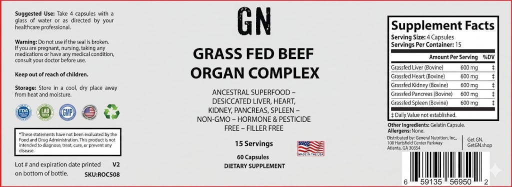 Supplement label for Grass Fed Beef Organ Complex with supplement facts and logos.