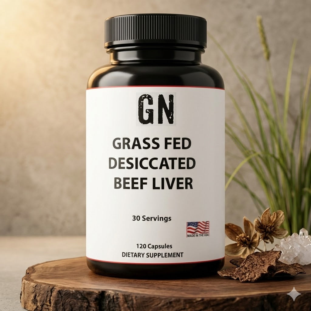 Supplement bottle labeled 'GN Grass Fed Desiccated Beef Liver' on a wooden surface with a plant in the background.