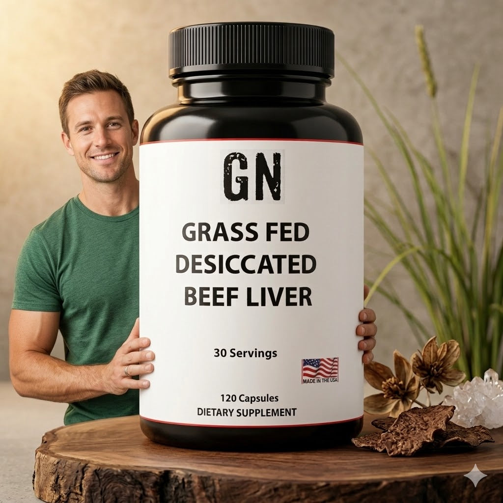 Man holding a supplement bottle labeled 'GN Grass Fed Desiccated Beef Liver' on a wooden surface.