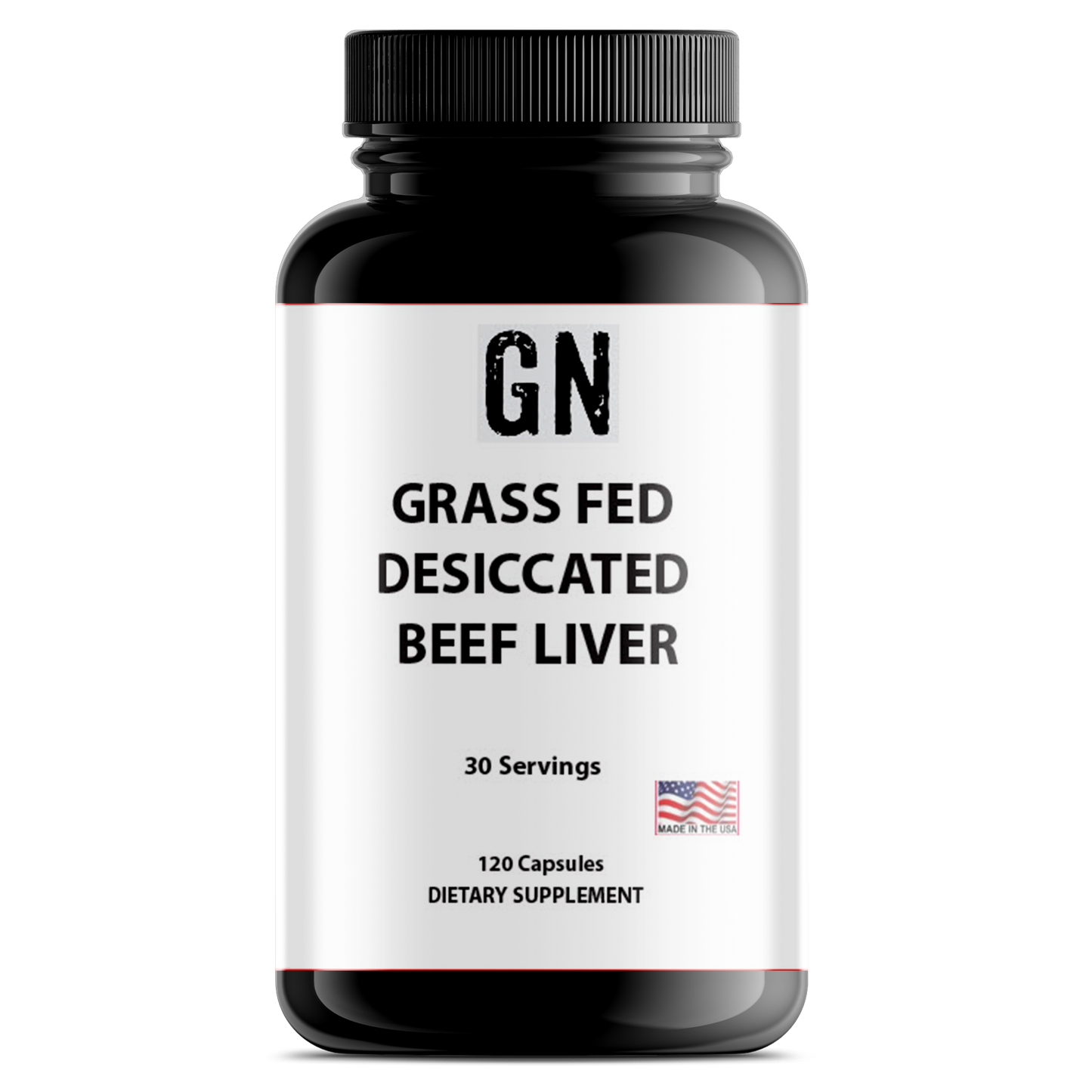 Supplement bottle labeled 'GN Grass Fed Desiccated Beef Liver' on a white background
