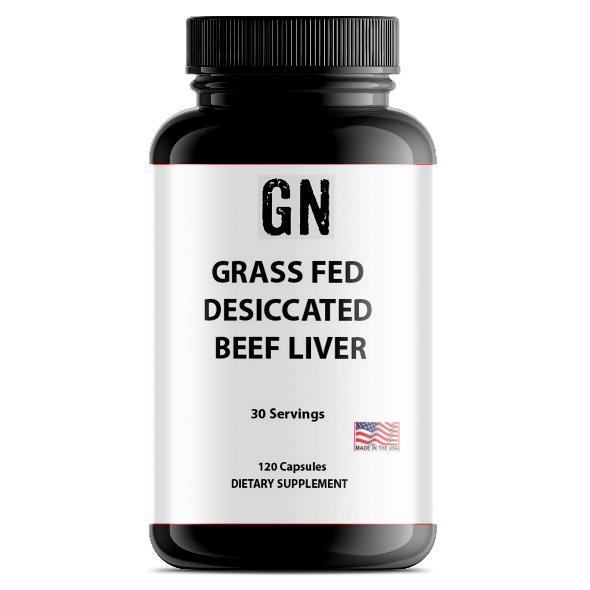 Supplement bottle labeled 'GN Grass Fed Desiccated Beef Liver' on a white background