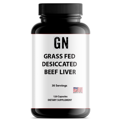 Supplement bottle labeled 'GN Grass Fed Desiccated Beef Liver' on a white background