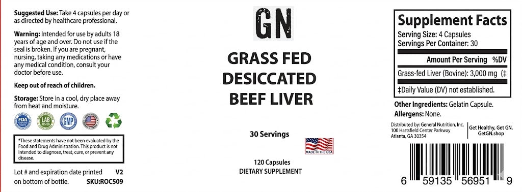 Supplement label for grass fed desiccated beef liver capsules with supplement facts and ingredients listed.
