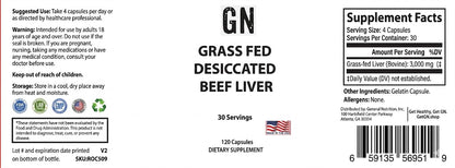 Supplement label for grass fed desiccated beef liver capsules with supplement facts and ingredients listed.