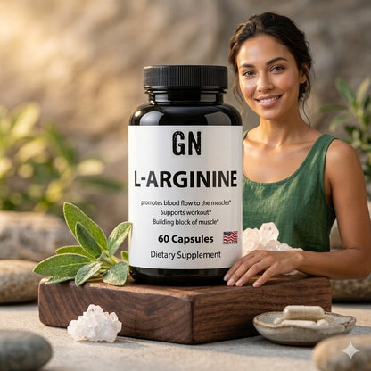 Woman holding a bottle of GN L-Arginine supplement with a natural background