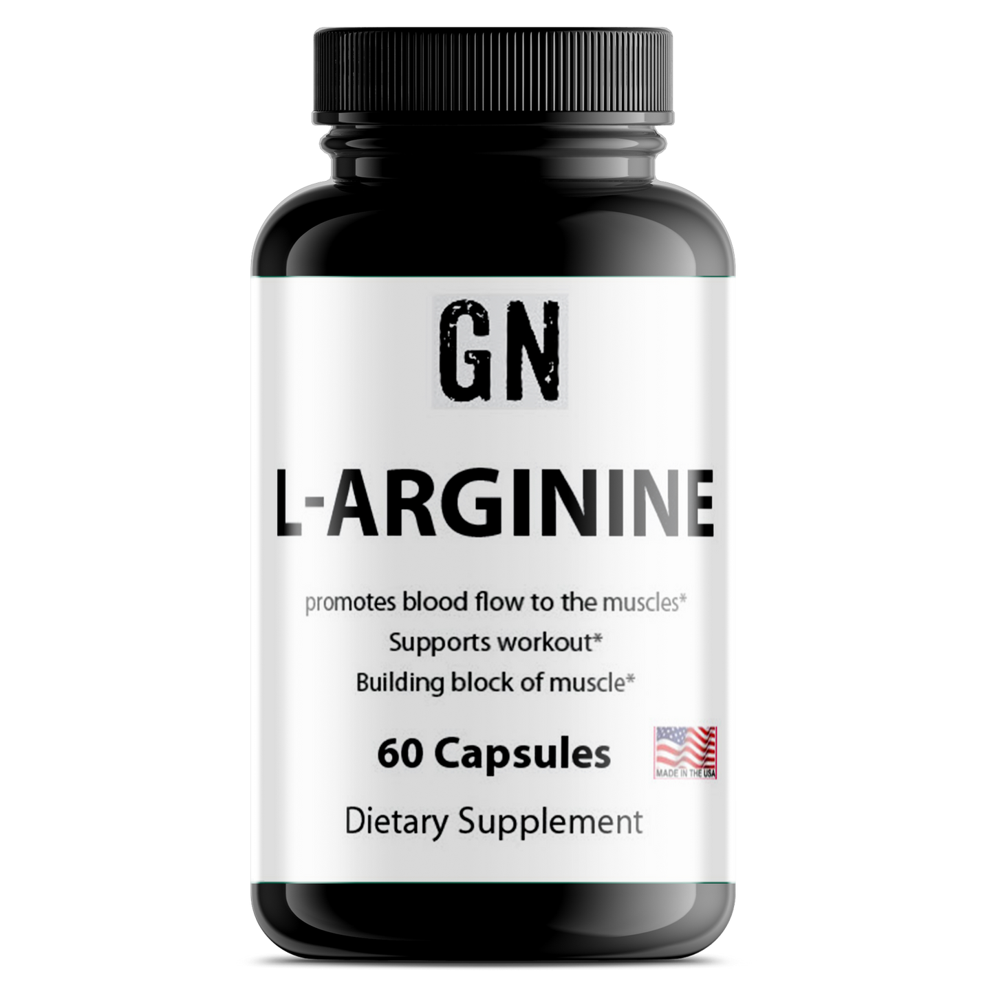 Supplement bottle labeled 'GN L-Arginine' on a white background