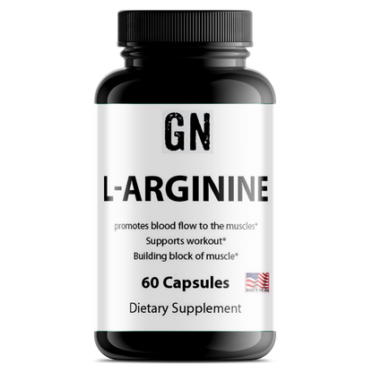 Supplement bottle labeled 'GN L-Arginine' on a white background