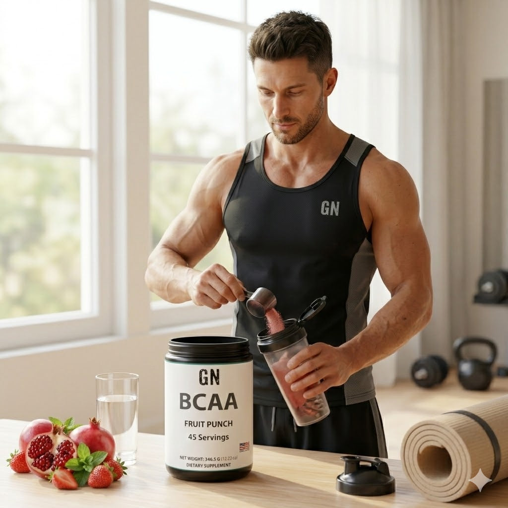 Man preparing a supplement shake with GN BCAA container in a gym setting