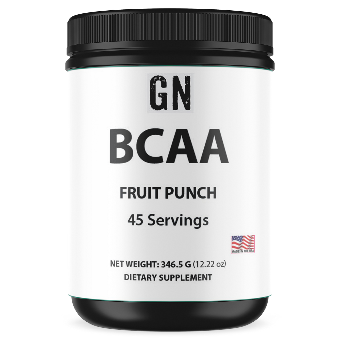 Container of GN BCAA supplement in fruit punch flavor on a white background