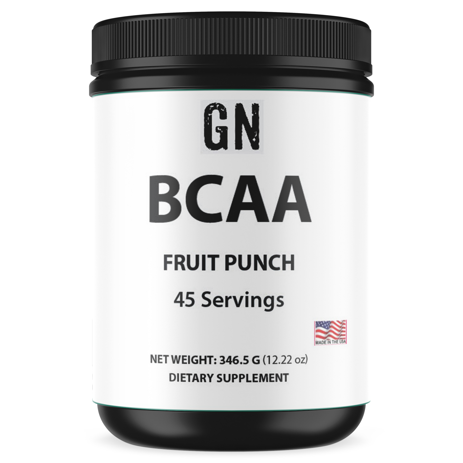 Container of GN BCAA supplement in fruit punch flavor on a white background
