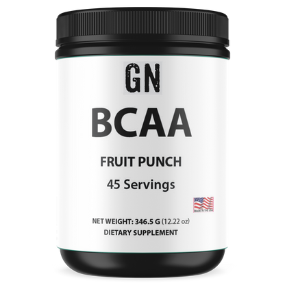 Container of GN BCAA supplement in fruit punch flavor on a white background