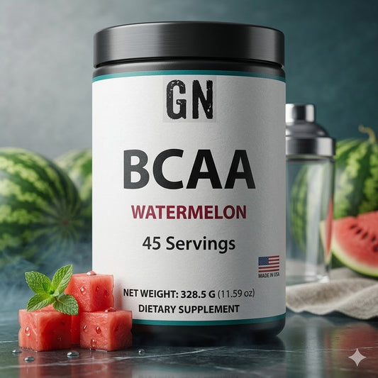 Supplement container labeled 'GN BCAA Watermelon' with watermelons and a shaker in the background.