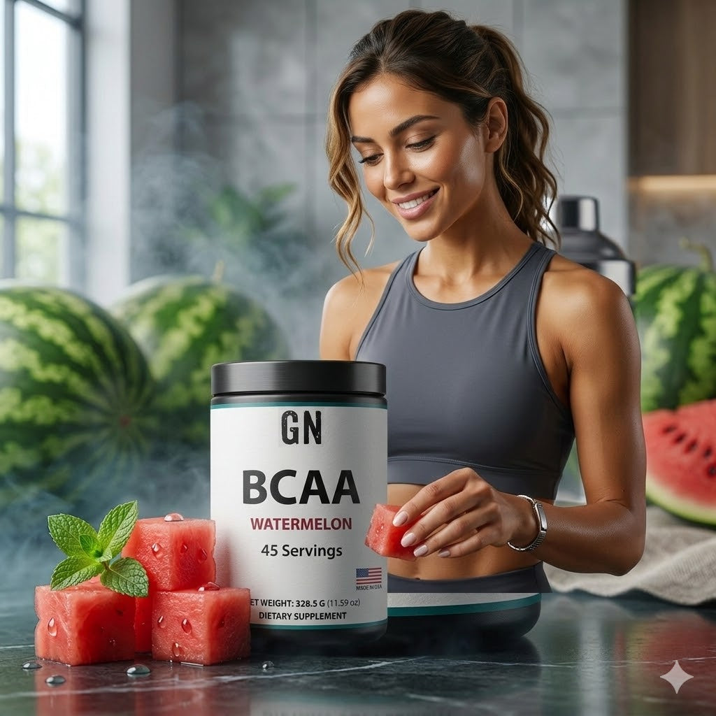 Woman holding a container of GN BCAA Watermelon supplement with watermelons around her.