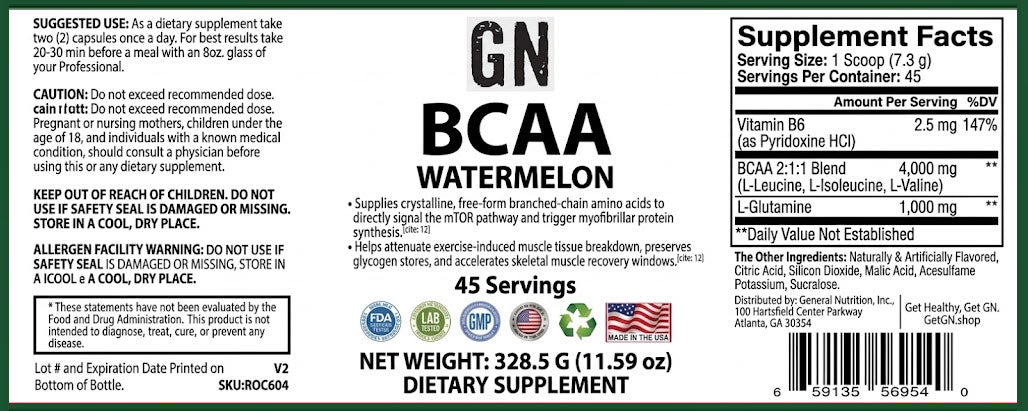 Supplement label for GN BCAA Watermelon with nutritional information and ingredients.