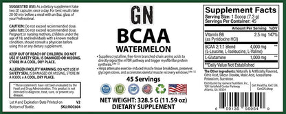 Supplement label for GN BCAA Watermelon with nutritional information and ingredients.