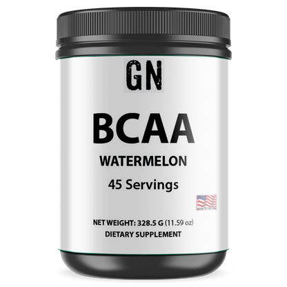 Supplement container labeled 'GN BCAA Watermelon' on a white background