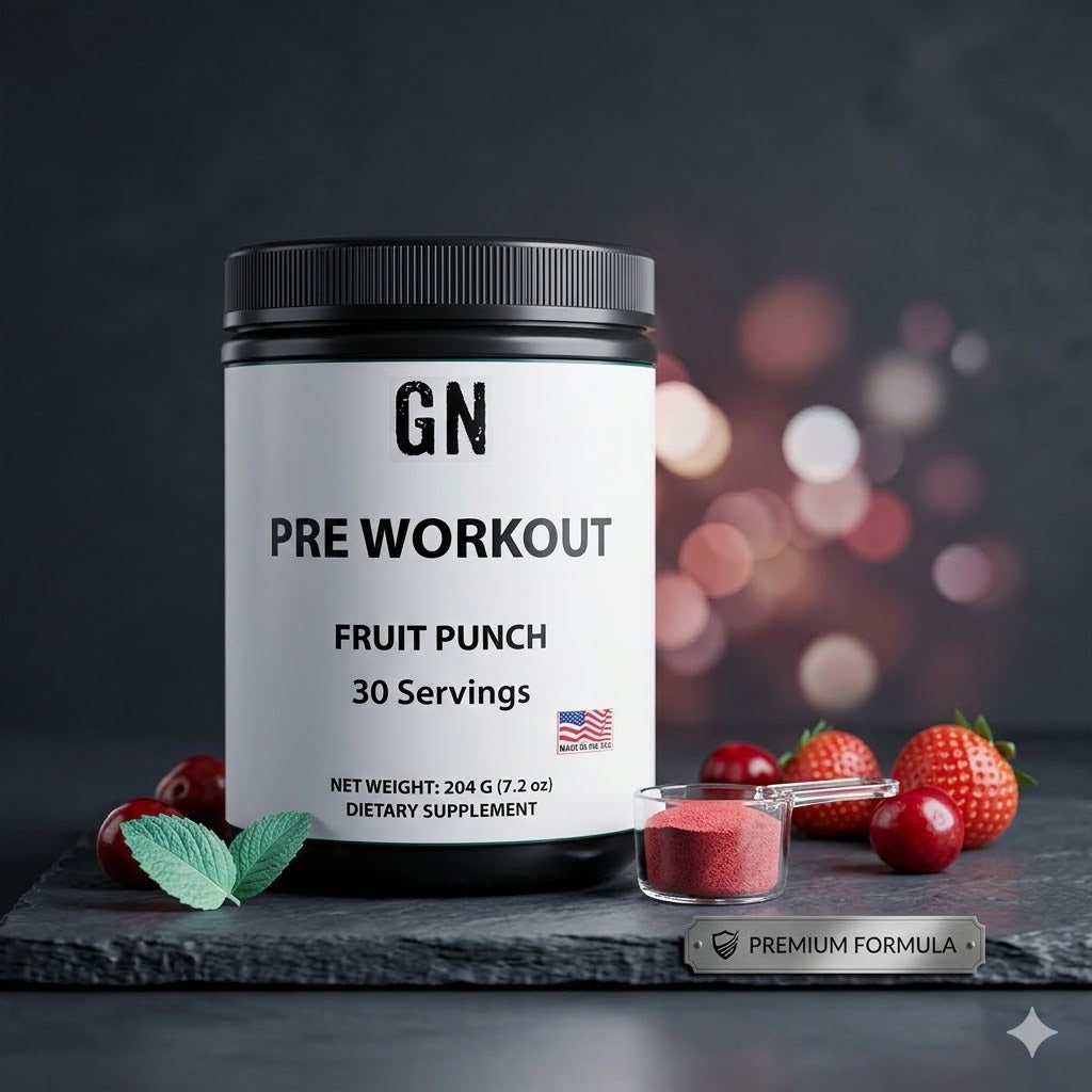 Pre-workout supplement container with fruit punch flavor on a dark background