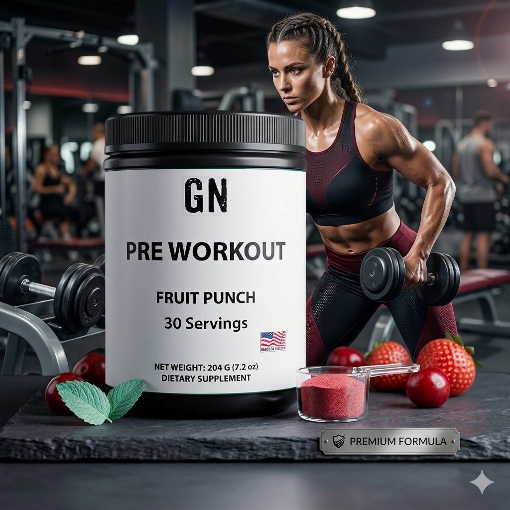 Pre-workout supplement container with a woman lifting weights in a gym setting