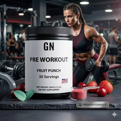 Pre-workout supplement container with a woman lifting weights in a gym setting