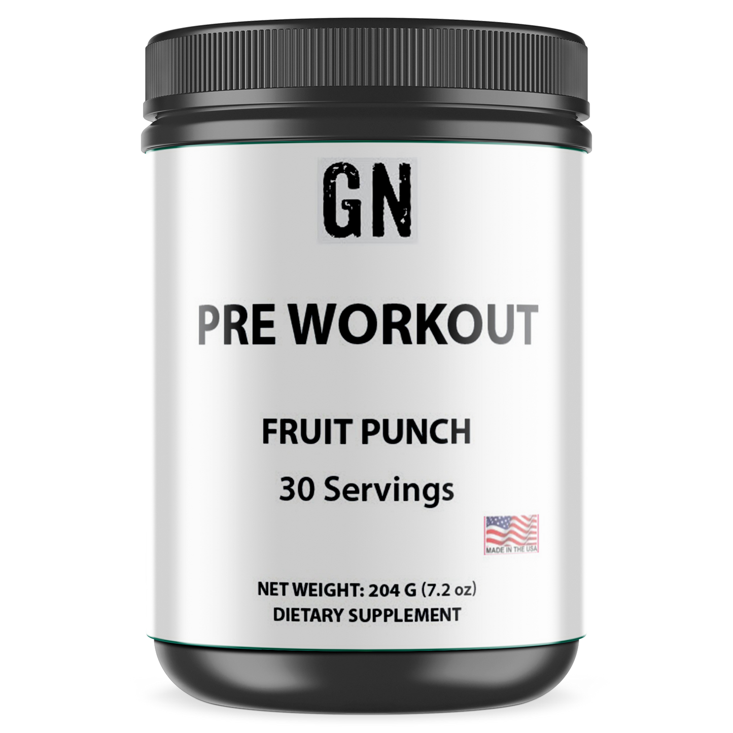 Pre-workout supplement container labeled 'GN' with fruit punch flavor and 30 servings on a white background.