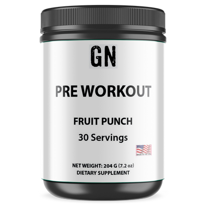 Pre-workout supplement container labeled 'GN' with fruit punch flavor and 30 servings on a white background.
