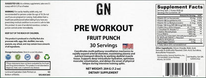 Pre-workout supplement label with 'Fruit Punch' flavor and 30 servings on a white background.