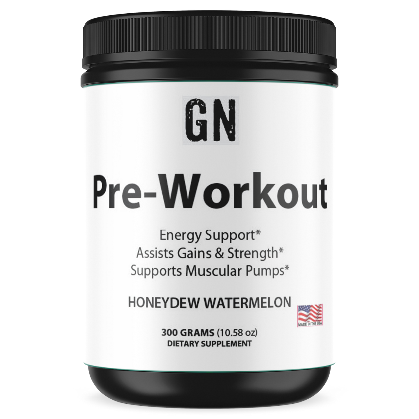 Pre-workout supplement container with black lid and white label on a white background