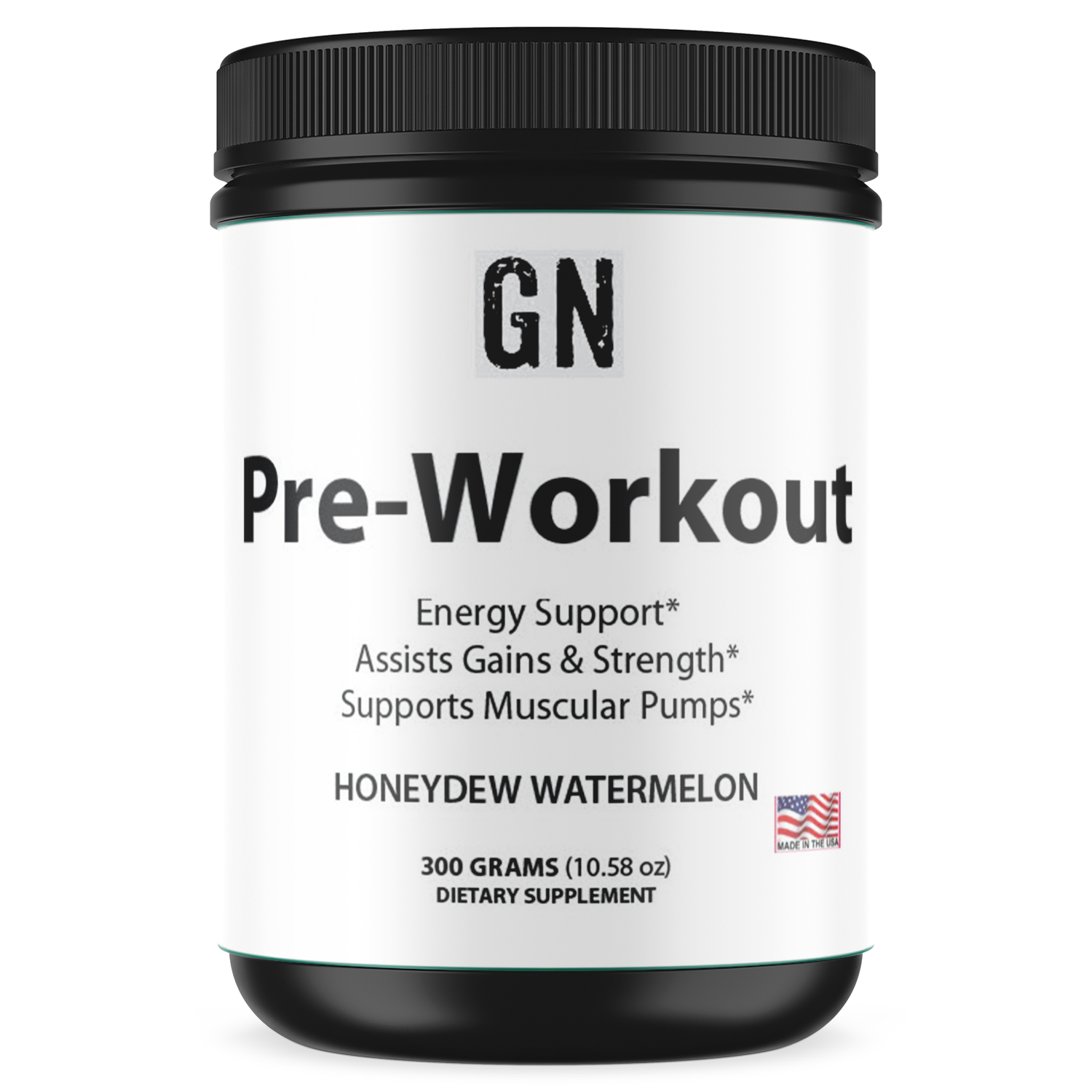 Pre-workout supplement container with black lid and white label on a white background