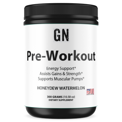 Pre-workout supplement container with black lid and white label on a white background