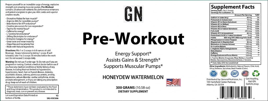 Pre-workout supplement label with text and logos on a white background