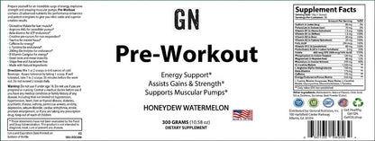 Pre-workout supplement label with text and logos on a white background