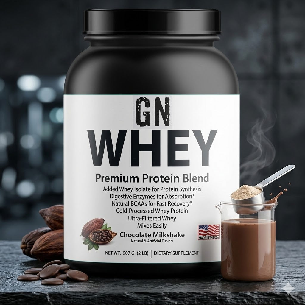 GN Whey protein supplement with a scoop of powder and chocolate milkshake in the background.