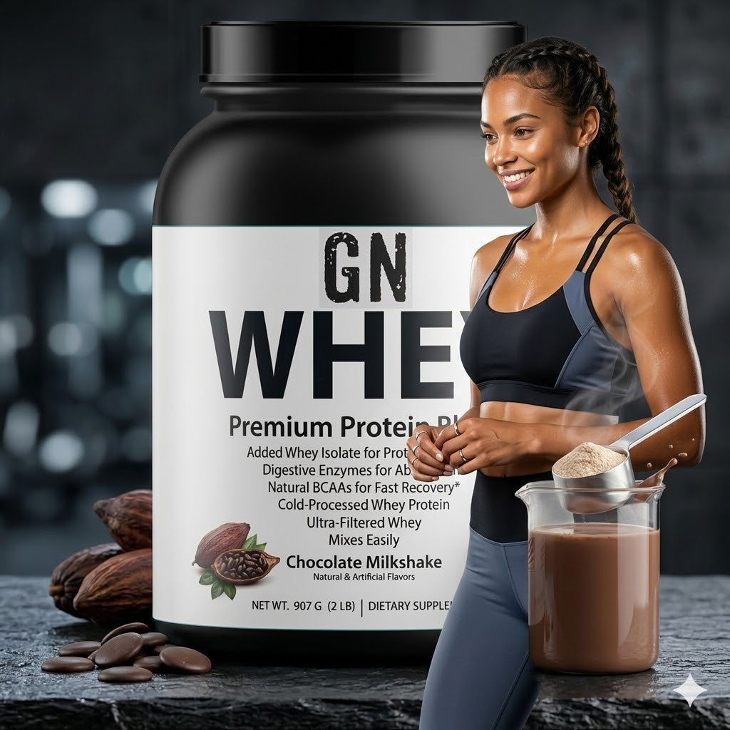 Woman holding a scoop of protein powder next to a GN Whey protein supplement container.