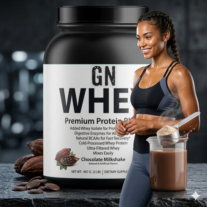 Woman holding a scoop of protein powder next to a GN Whey protein supplement container.