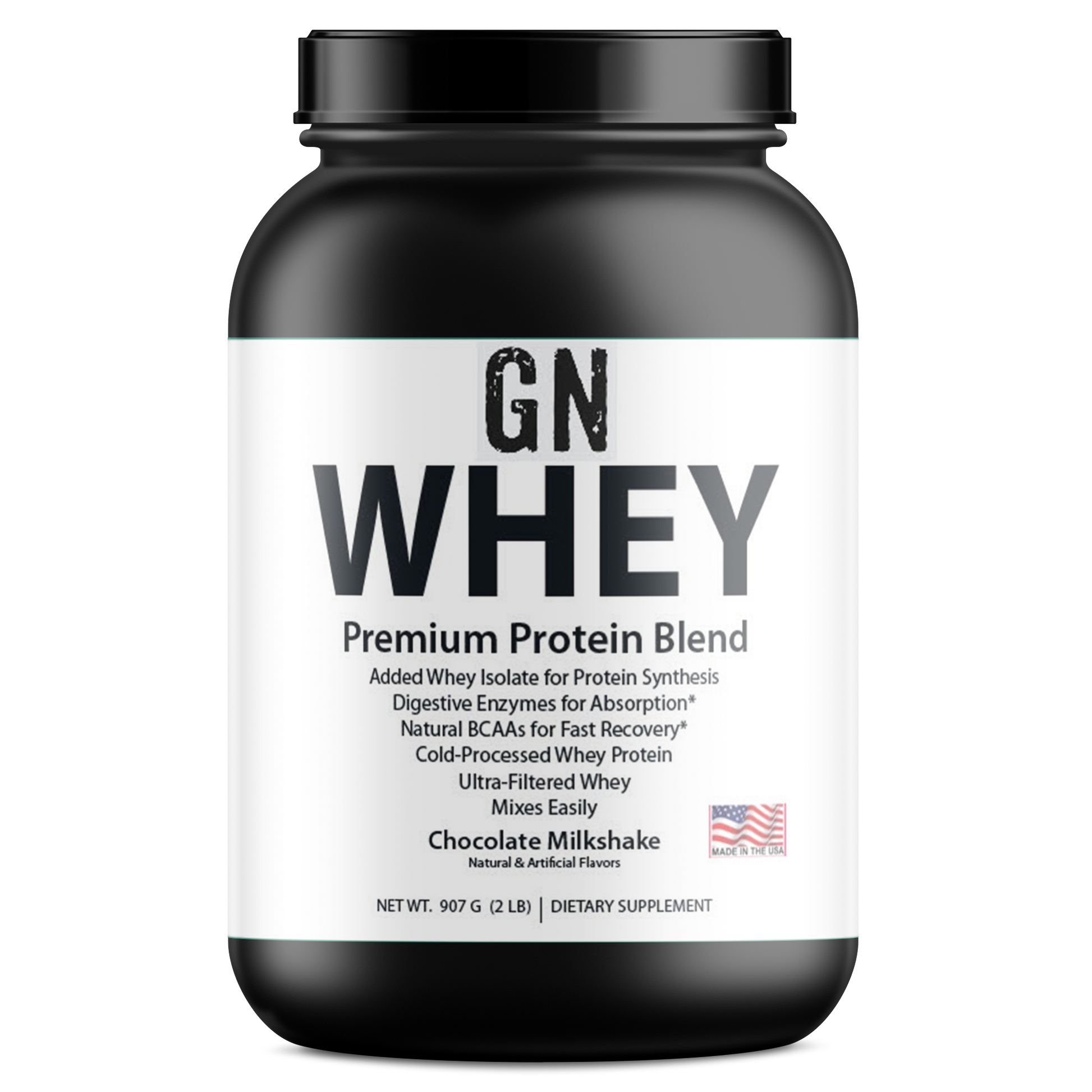GN Whey protein supplement container on a white background