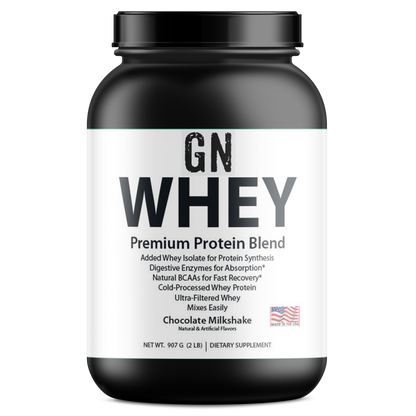 GN Whey protein supplement container on a white background