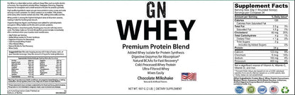 GN Whey protein supplement label with nutritional information and branding.