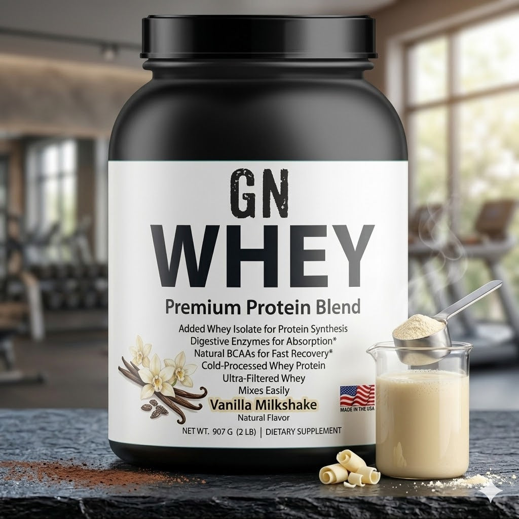 GN Whey protein supplement container with vanilla milkshake flavor on a blurred gym background