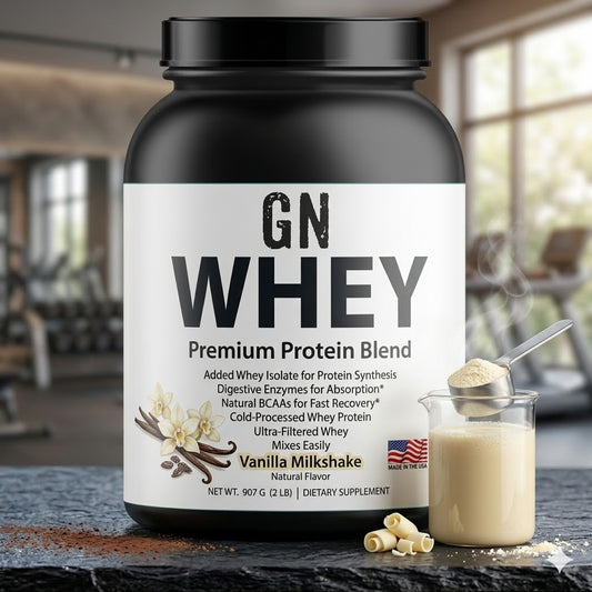 GN Whey protein supplement container with vanilla milkshake flavor on a blurred gym background
