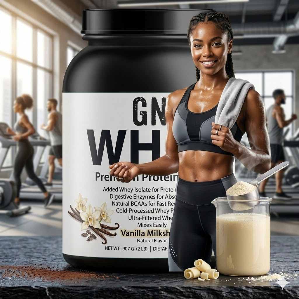 Woman in a gym holding a container of GN Whey protein powder with a scoop and a glass of milk.