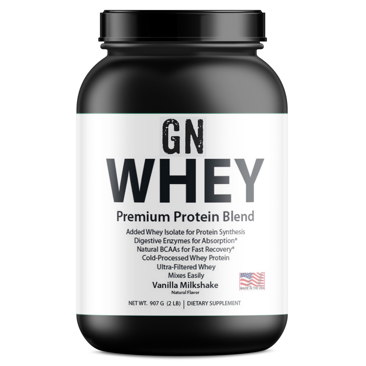 Black and white container of GN Whey Premium Protein Blend on a white background