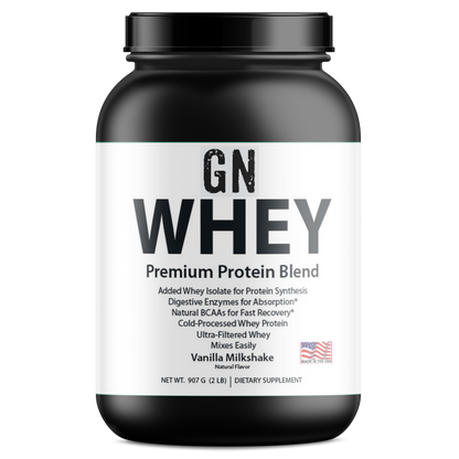 Black and white container of GN Whey Premium Protein Blend on a white background