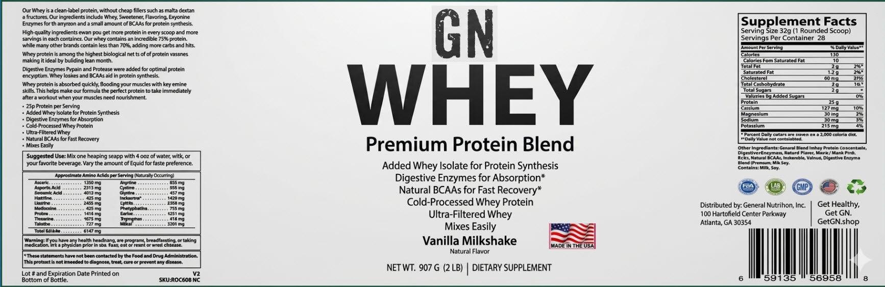Label of GN Whey Premium Protein Blend with supplement facts and branding details.